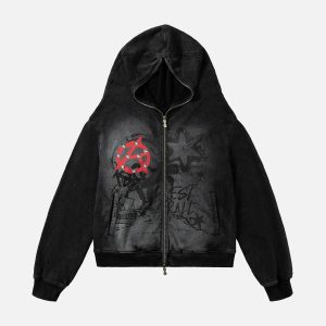 Concert Outfit Washed Star Print Full Zipper Hoodie