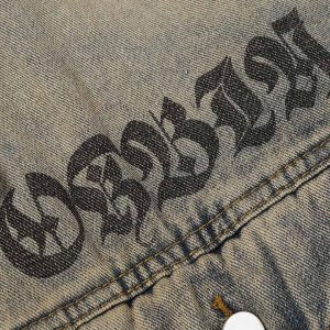 Concert Outfit Washed Vintage Letter Print Denim Jacket