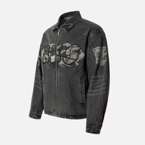 Concert Outfit Wasteland Embroidered Print Rivet Denim Jacket