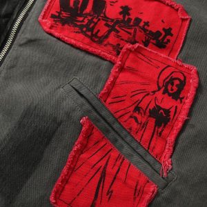 Concert Outfit Wasteland Style Portrait Print Patchwork Barn Jacket