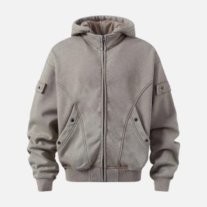 Concert Outfit Wasteland Style Washed Zipper Up Sweatshirt