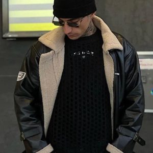 Concert Outfit Zipper Lapel PU Borg Jacket