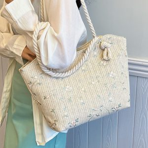2025 Large Capacity Woven Straw Tote Bag for Women - Stylish Summer Shoulder Bag, Versatile Commuter Design with Rope Detail