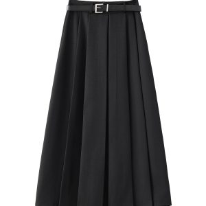 2025 Spring Apricot Pleated Midi Skirt for Women, High-End A-Line Design, Trendy Spring Fashion