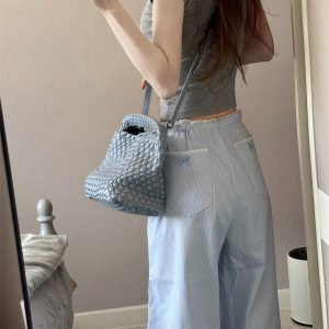 2025 Women's Blue Striped Wide-Leg Pants - American Style Casual Floor-Length Loose Straight-Leg Trousers for Spicy Girl Vibe