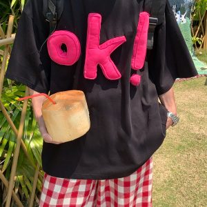 3D OK Letter Printed Short Sleeve T-Shirt for Men and Women, Casual Summer Loose Fit Vintage Style Tee