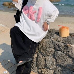 3D OK Letter Printed Short Sleeve T-Shirt for Men and Women, Casual Summer Loose Fit Vintage Style Tee
