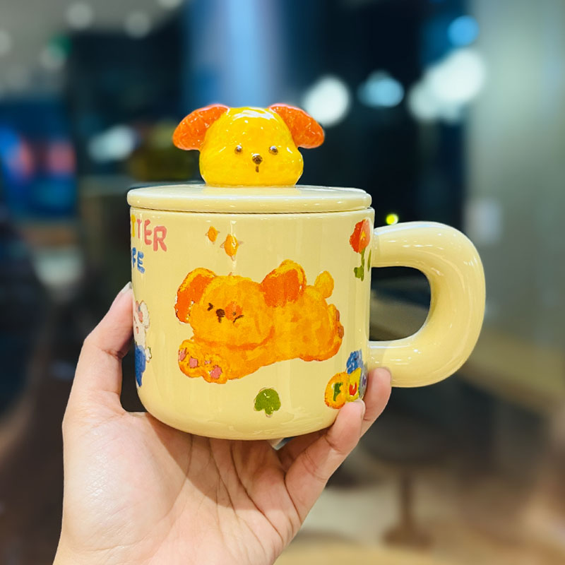 Adorable Ceramic Puppy Mug with Lid and Spoon - Cute Gift for Girls and Best Friends, Perfect Birthday Present