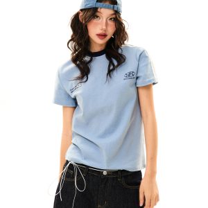 American College Style Printed Short-Sleeve T-Shirt for Women - Summer Slim-Fit Three-Stripe Sports Top