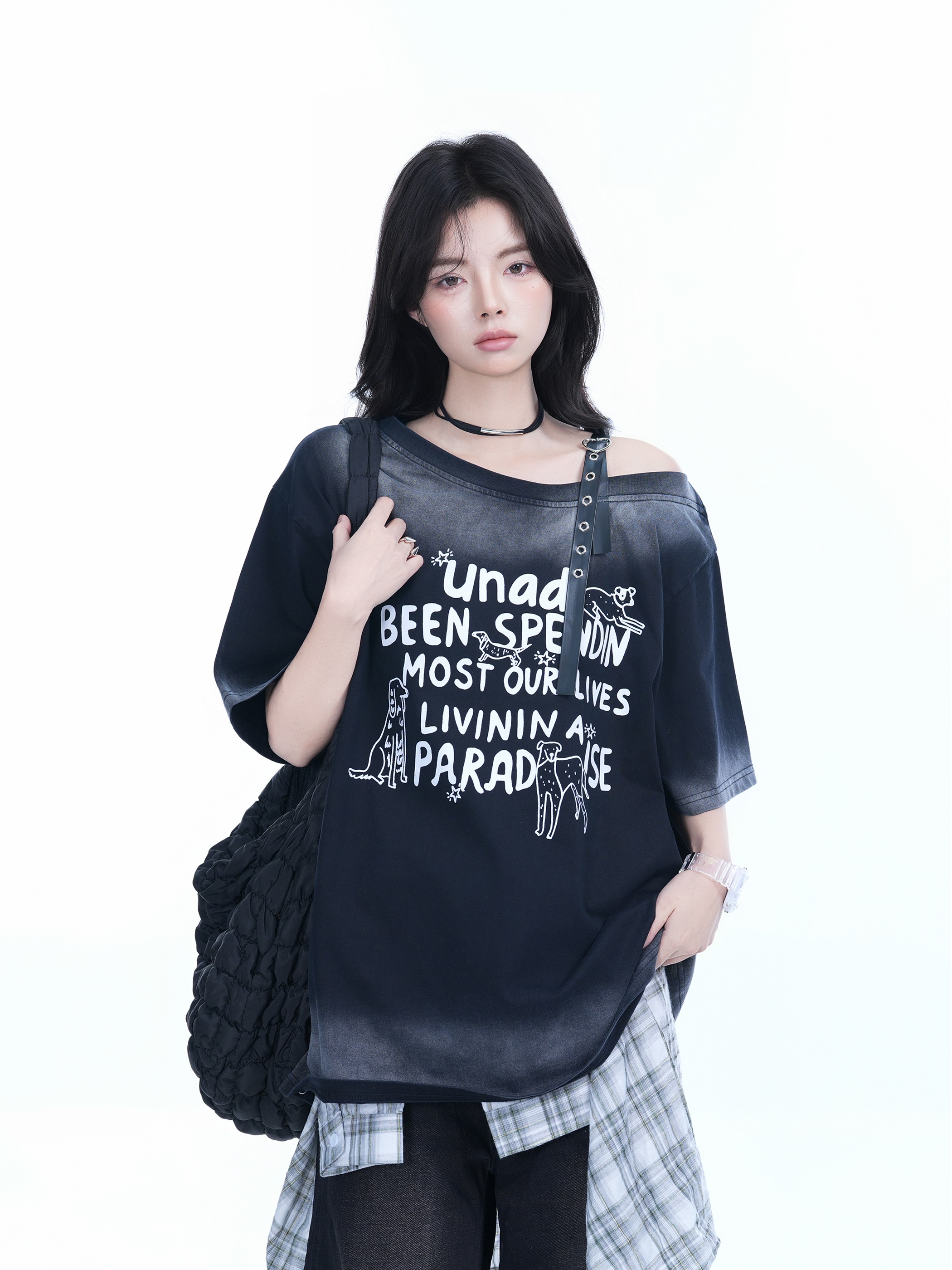 American Gradient Leather Buckle Off-Shoulder Oversized Short Sleeve T-Shirt for Women - Trendy Casual Spicy Girl Style