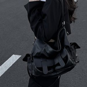 American Retro Black Slouchy Motorcycle Crossbody Bag - Large Capacity Tote for Girls, Trendy Y2K Style