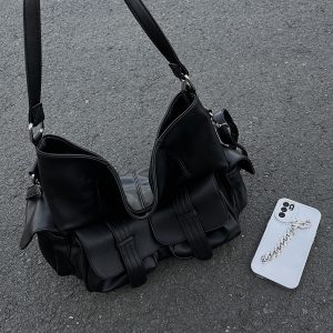 American Retro Black Slouchy Motorcycle Crossbody Bag - Large Capacity Tote for Girls, Trendy Y2K Style