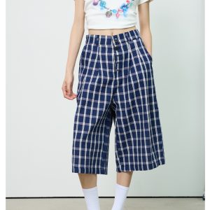 American Retro Blue and White Checkered Loose Wide-Leg Three-Quarter Pants for Women - Casual Y2K Style