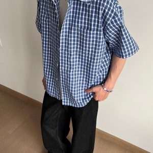 American Retro Blue Plaid Short Sleeve Shirt for Men and Women - Casual Loose Summer Fashion