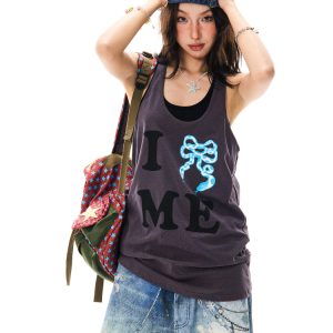 American Retro Bow Tie Tank Top for Women - Summer Casual Mid-Length Sleeveless Top, Y2K Style