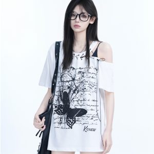 American Retro Butterfly Graffiti Off-Shoulder Short-Sleeve T-Shirt for Women – Trendy Y2K Niche Style for Hot Girls