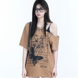 American Retro Butterfly Graffiti Off-Shoulder Short-Sleeve T-Shirt for Women – Trendy Y2K Niche Style for Hot Girls