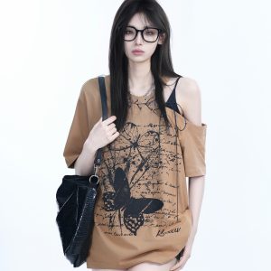 American Retro Butterfly Graffiti Off-Shoulder Short-Sleeve T-Shirt for Women – Trendy Y2K Niche Style for Hot Girls