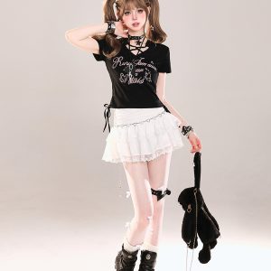 American Retro Butterfly Print Short Sleeve T-Shirt for Girls, Summer Ruffled Drawstring Slim Fit Cropped Top, Y2K Style
