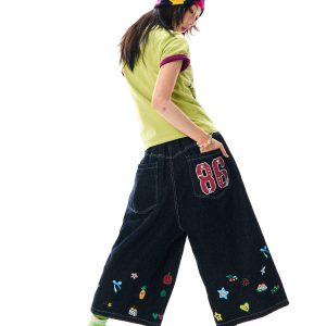 American Retro Cartoon Printed Denim Shorts for Women - Loose Fit, Versatile Seven-Point Wide-Leg Style