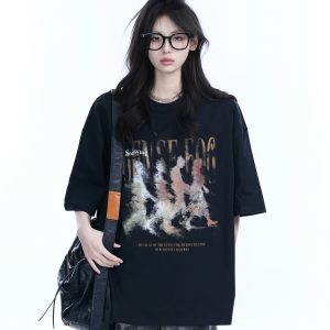 American Retro Character Black Short-Sleeve T-Shirt for Women - Summer Heavy Loose Round Neck Trendy Tee