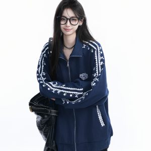 American Retro Cherry Bow Embroidered Cardigan Sweatshirt for Women - Plush Loose Zip-Up Jacket, Y2K Inspired Fashion
