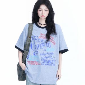 American Retro Color-Block Round Neck Short Sleeve T-Shirt for Women - Loose Fit Summer Style, Casual Couple Top
