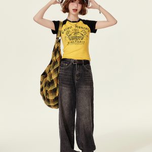 American Retro Color-Blocked Short-Sleeve T-Shirt for Women, Summer Spicy Girl Cropped Fitted Top, 90s Y2K Style