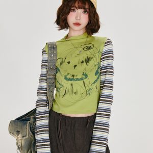 American Retro Color-Blocked Striped Long Sleeve T-Shirt for Women - Fitted High-Neck Autumn Style Top