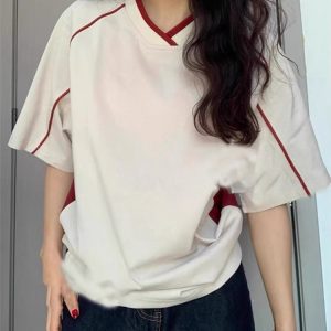 American Retro Color-Blocked V-Neck Short Sleeve T-Shirt for Women - Trendy Summer Sports College Style Top