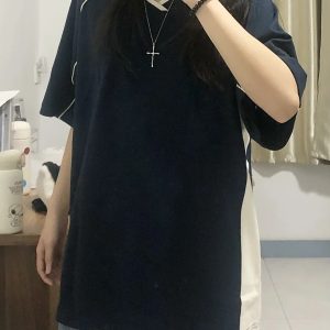 American Retro Color-Blocked V-Neck Short Sleeve T-Shirt for Women - Trendy Summer Sports College Style Top