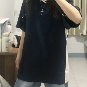 American Retro Color-Blocked V-Neck Short Sleeve T-Shirt for Women - Trendy Summer Sports College Style Top