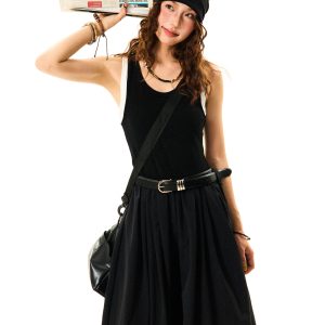 American Retro Color-Blocking A-Line Dress for Women, Summer Slim Fit Long Dress, Vintage 90s Style Fashion
