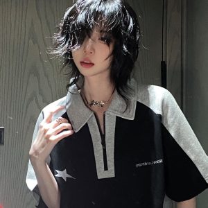 American Retro Color-Blocking Heavyweight Polo T-Shirt for Women - Short Sleeve Summer College Style Top