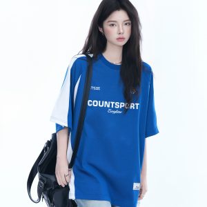 American Retro Color-Blocking Oversized Short-Sleeve T-Shirt for Women - Casual Sports Style, Y2K Inspired, Comfortable Fit