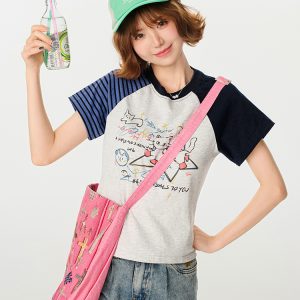 American Retro Color-Blocking Printed Raglan Short Sleeve T-Shirt for Women - Slim Fit Casual Summer Top