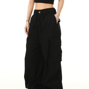 American Retro Cuffed Hip-Hop Cargo Pants for Men - Wide-Leg Floor-Length Streetwear Parachute Style Casual Trousers