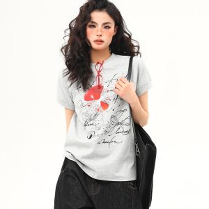 American Retro Design Boxy Shoulder T-Shirt for Women - Summer Slim-Fit Short Sleeve Top, Versatile 90s Style