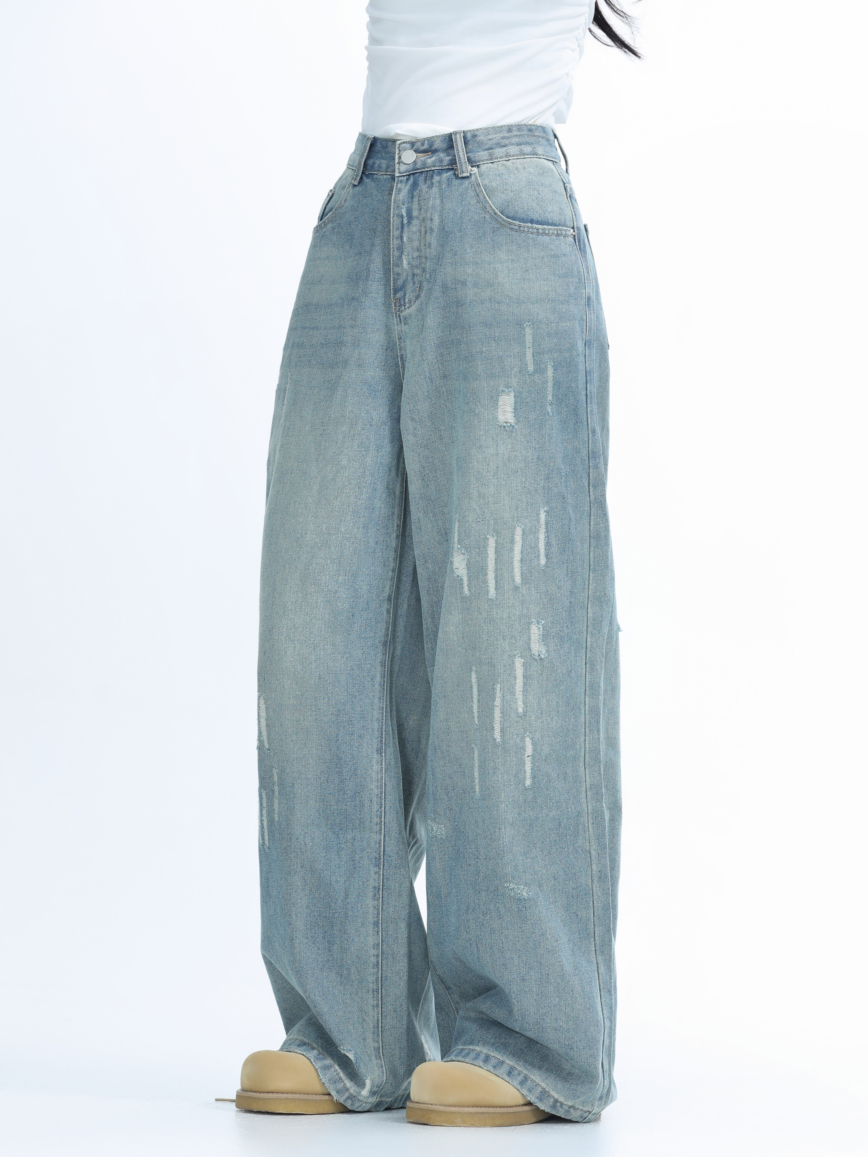 American Retro Distressed Ripped Denim Pants for Women - Washed Loose Slim Wide-Leg Trousers, Trendy Y2K Hot Girl Style