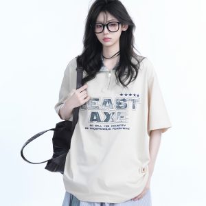 American Retro Embroidered Half-Zip Collar Oversized Short-Sleeve T-Shirt for Women - Casual Y2K Style Top