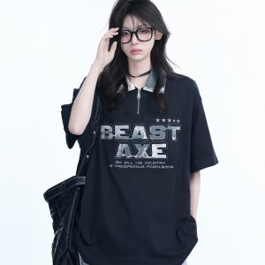 American Retro Embroidered Half-Zip Collar Oversized Short-Sleeve T-Shirt for Women - Casual Y2K Style Top