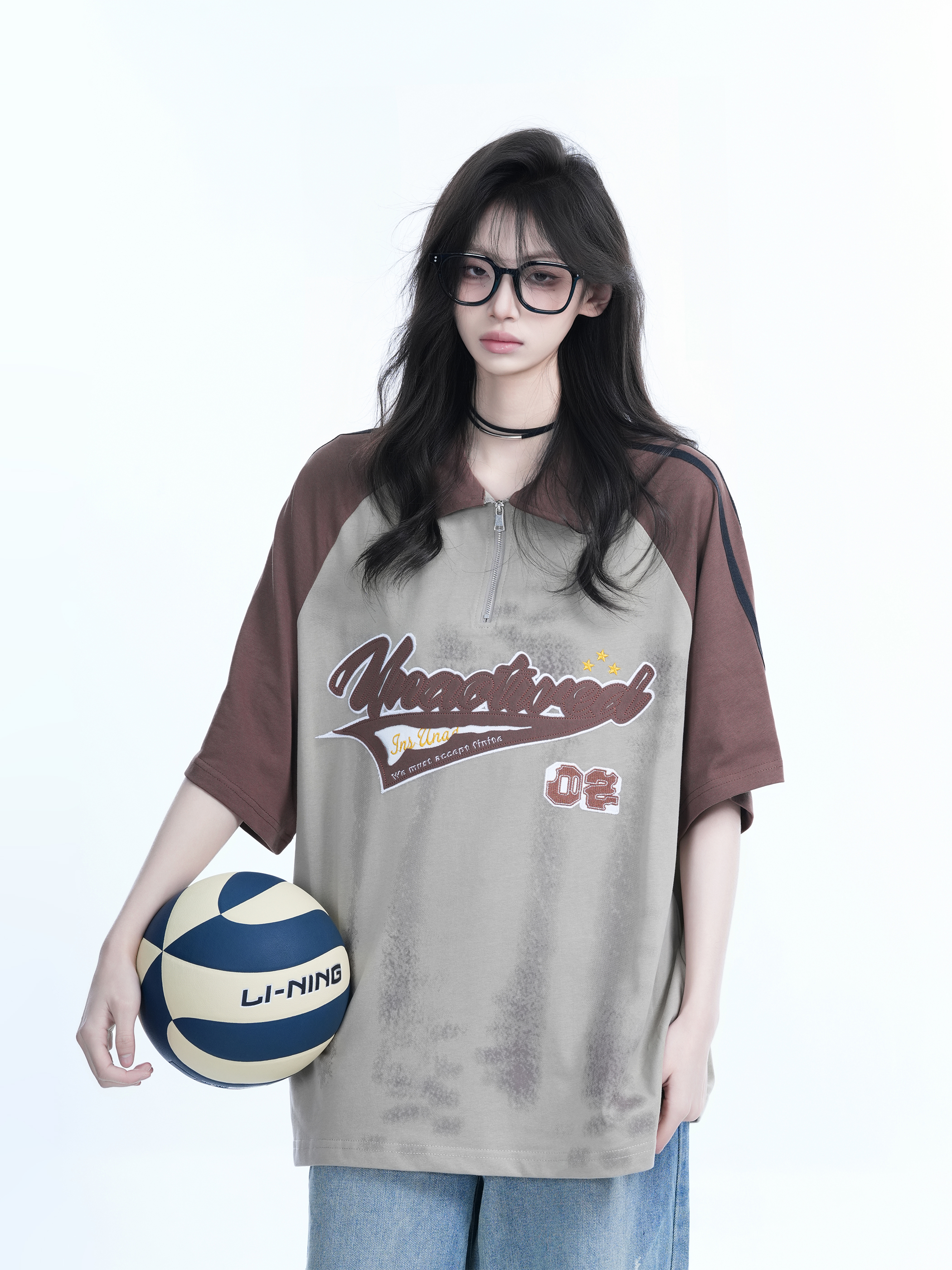 American Retro Embroidered Half-Zip Collar Short Sleeve T-Shirt for Women, Loose Fit, Trendy Vintage Style
