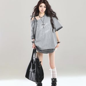 American Retro Embroidered Off-Shoulder Short Sleeve T-Shirt for Women, Summer 2025 Loose Faux Two-Piece Shoulder-Baring Top