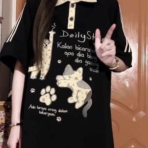 American Retro Floral Embroidered Cat Patchwork Polo Collar Short Sleeve T-Shirt for Women - Summer Y2K Style for Juniors