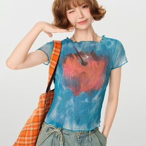 American Retro Gradient Print Short Sleeve T-Shirt for Women - Spicy Girl Waist-Cinching Slim Fit Summer Top