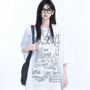 American Retro Graffiti Oversized Short Sleeve T-Shirt for Women - 