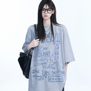 American Retro Graffiti Oversized Short Sleeve T-Shirt for Women - 