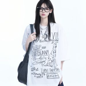 American Retro Graffiti Oversized Short Sleeve T-Shirt for Women - 