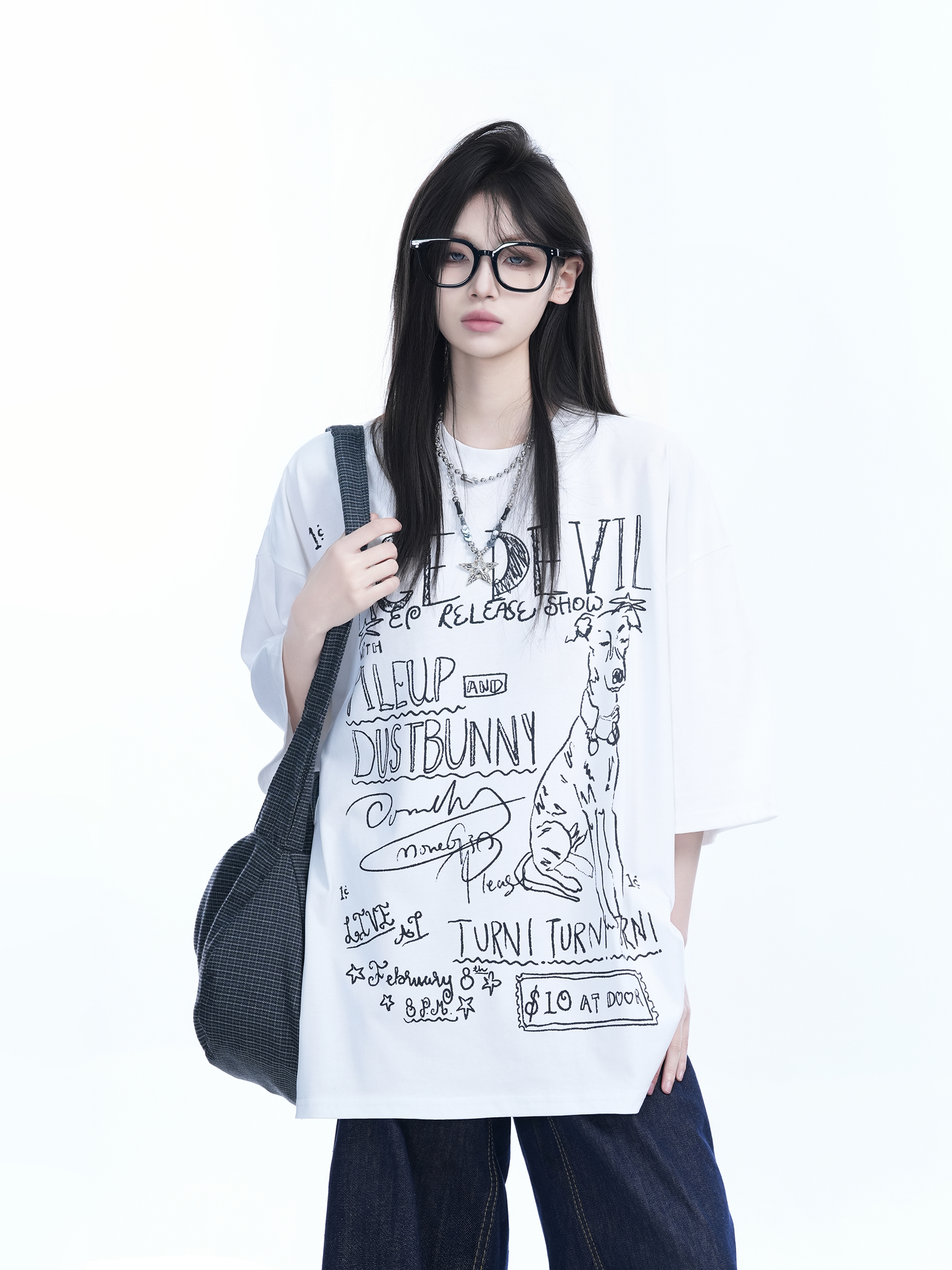 American Retro Graffiti Oversized Short Sleeve T-Shirt for Women - "Sit and Eat Until the Mountains Are Empty" Trendy Casual Style
