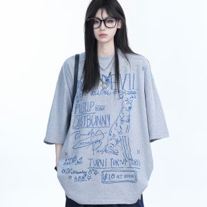 American Retro Graffiti Oversized Short Sleeve T-Shirt for Women - "Sit and Eat Until the Mountains Are Empty" Trendy Casual Style